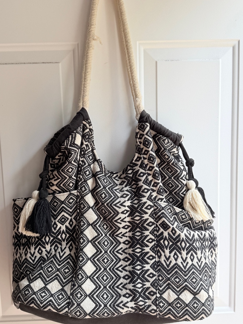 Boho black white woven tote bag